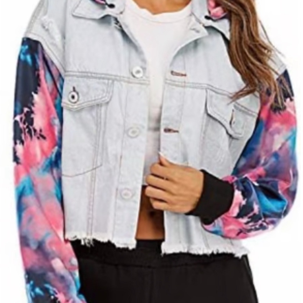 Cropped denim jacket with tie dye sleeve and detachable hood- NEW- no tags